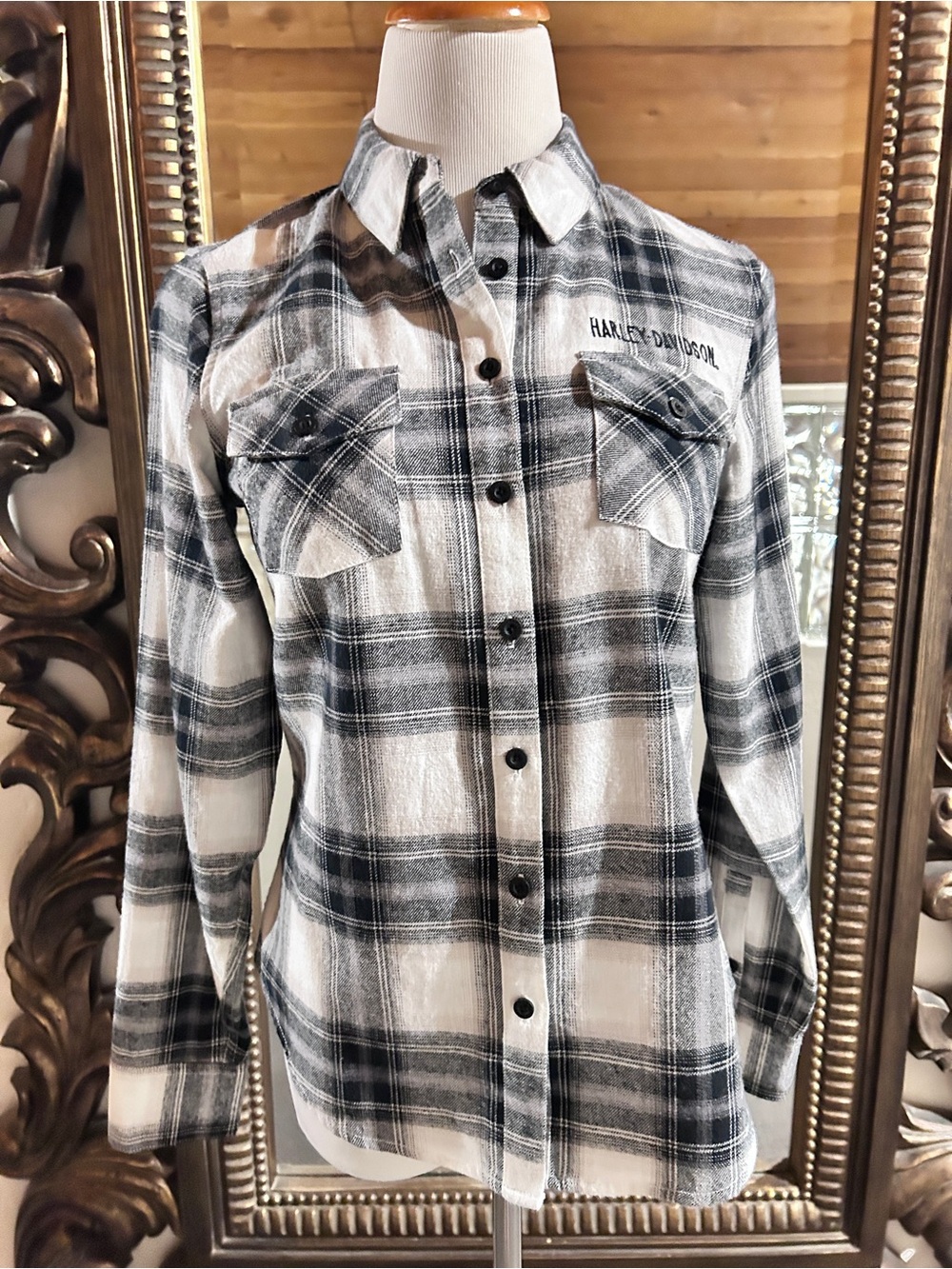 Harley-Davidson Black and White Plaid Button-Down Shirt